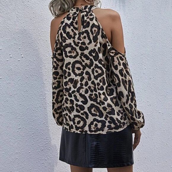 BEBE High Neck Cut Out Shoulder Flowy Leopard Print Blouse - Picture 1 of 5